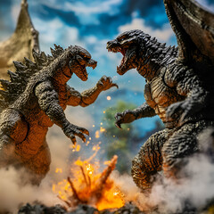 October 23, 2022, Everett, Washington, USA: Mezco Toyz 5 Points Hedorah vs. Godzilla Boxed Figure Set replicating scene from 1971 Kaiju monster, Generative AI