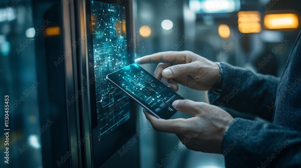 Poster photograph of a commuter using an nfc enabled transit card to access a subway gate with digital over