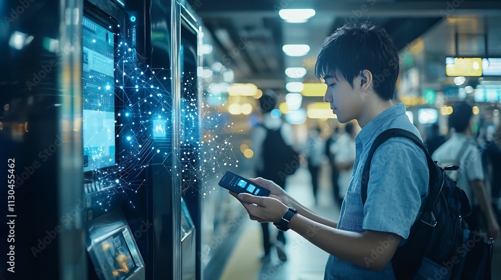 Poster commuter tapping nfc enabled transit card at subway gate with digital data overlay showing network f