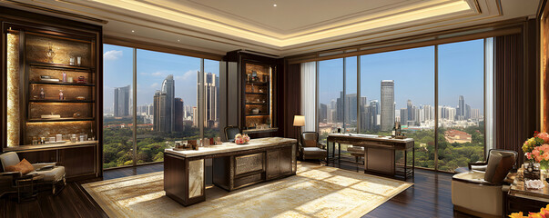 Fototapeta premium Luxury Office with City View, Elegant Desk and Built-in Shelving, Modern Architecture Background