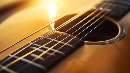 Fototapeta premium Close-up of a light brown acoustic guitar, strings and fretboard visible.