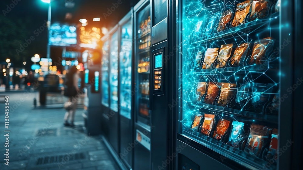 Poster automated nfc enabled vending machine with networked transaction data flow a futuristic digital tech