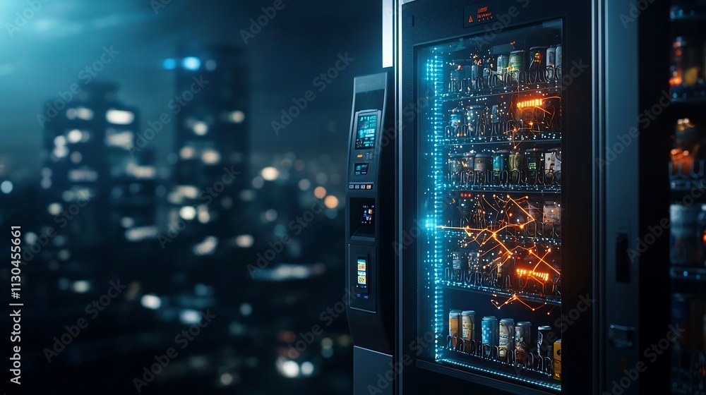 Poster futuristic nfc enabled vending machine with glowing network lines representing automated transaction