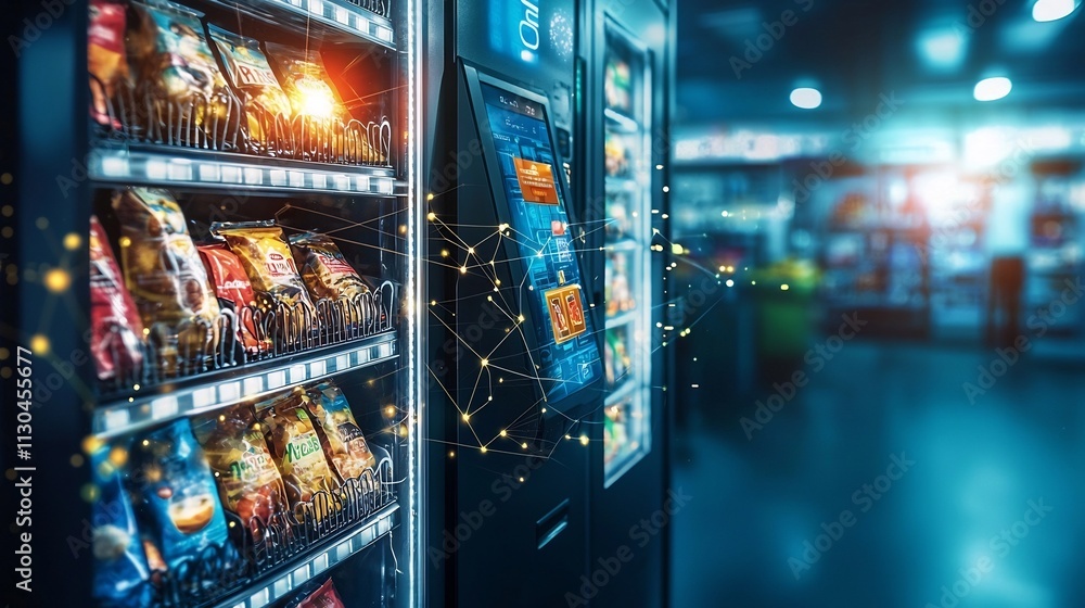 Poster nfc enabled vending machine with glowing network lines representing automated transaction data flow 