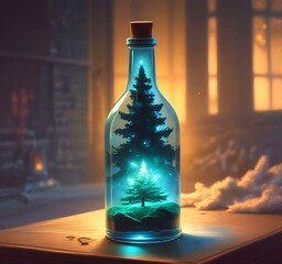 Illustration of Christmas tree inside transparent bottle with decoration.