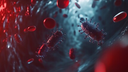 Red blood cells and smaller, dark-colored bacteria are visible within a dark, fluid-filled space.
