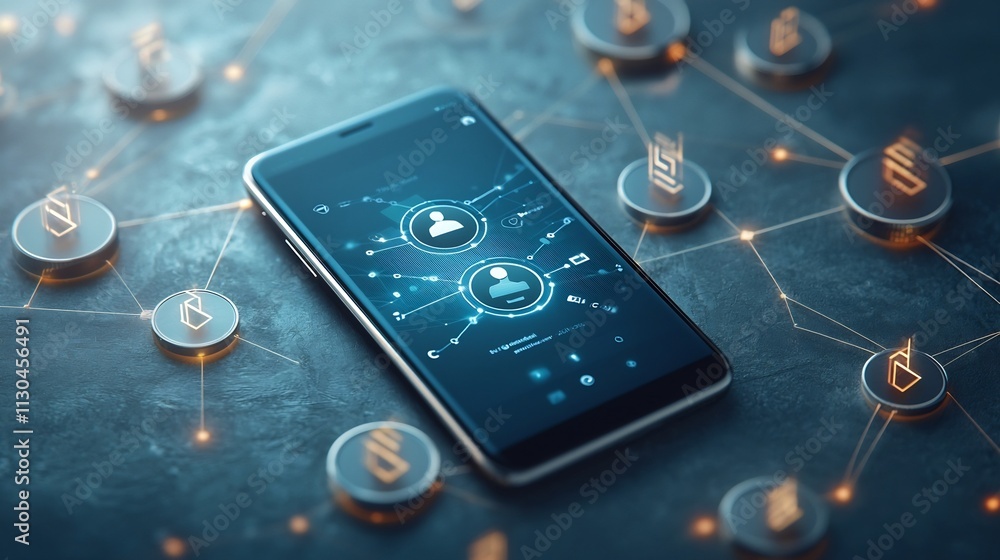 Aufkleber a smartphone displaying a decentralized exchange application surrounded by futuristic holographic vi