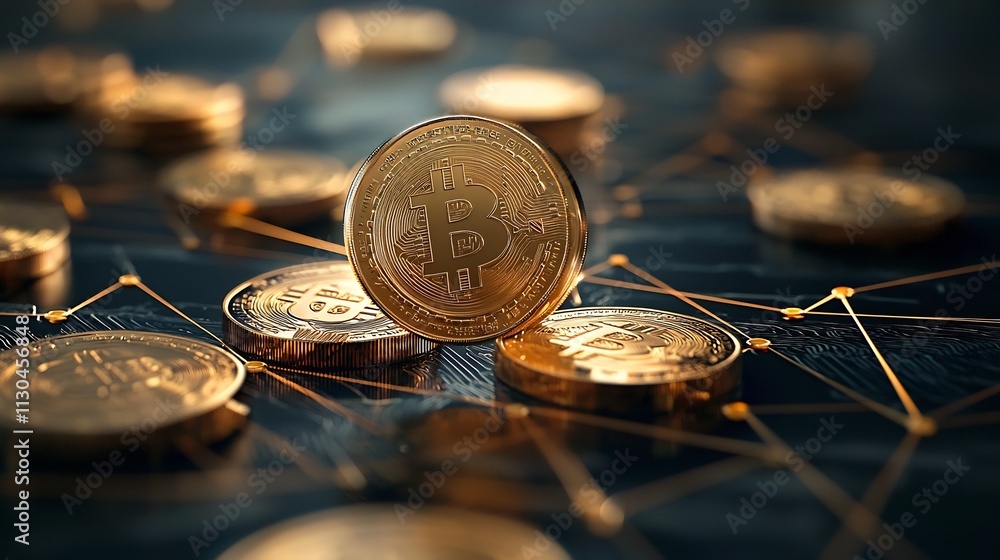 Poster cryptocurrency coins representing decentralized exchange dex trading surrounded by digital network l