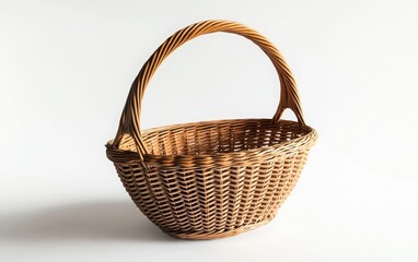 Obraz premium A realistic 3D rendering of a wicker basket with a handle, placed on a clean white background, highlighting the detailed weaving and natural texture in a studio shot 