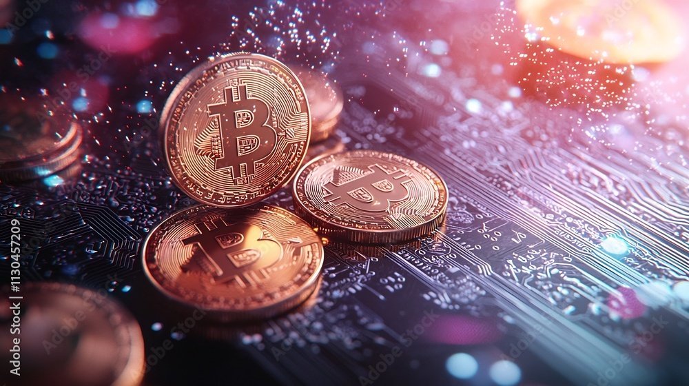 Poster decentralized digital token exchange on a blockchain network overlaid with holographic visuals of co