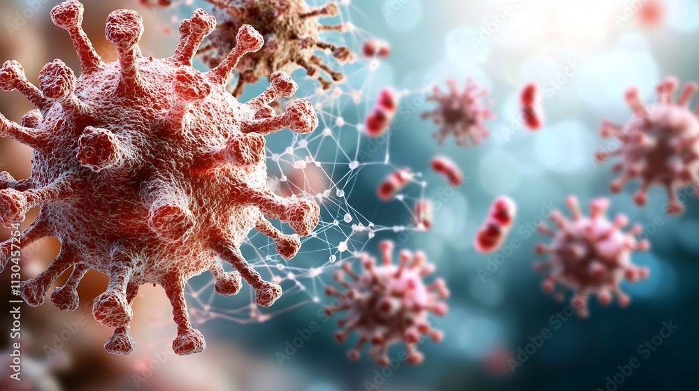 Poster microscopic view of norovirus particles overlaid with a digital network visualization depicting the 