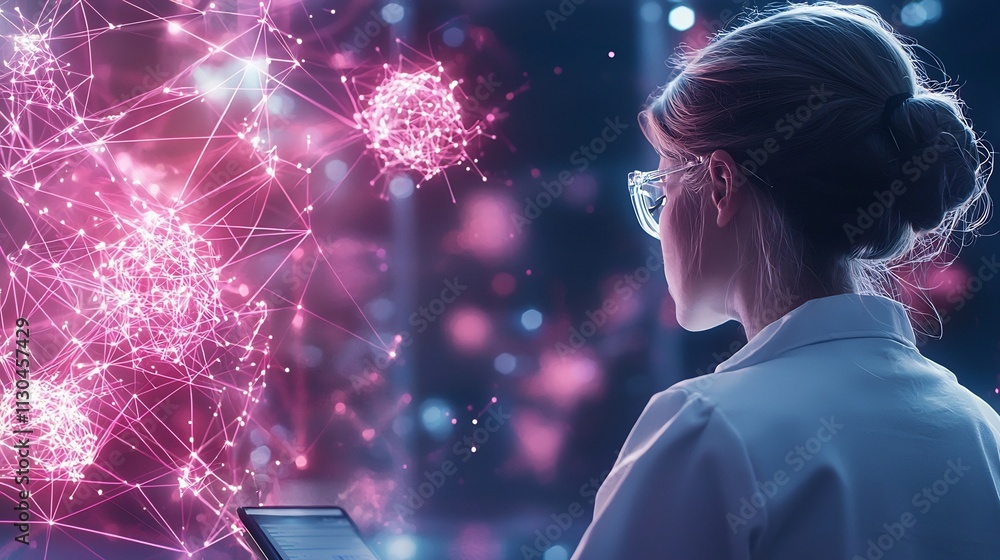 Poster a photograph depicting a healthcare worker analyzing real time data on a digital dashboard with glow