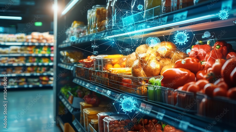 Poster glowing visuals of norovirus contamination networks and supply chain safety checks on packaged food 