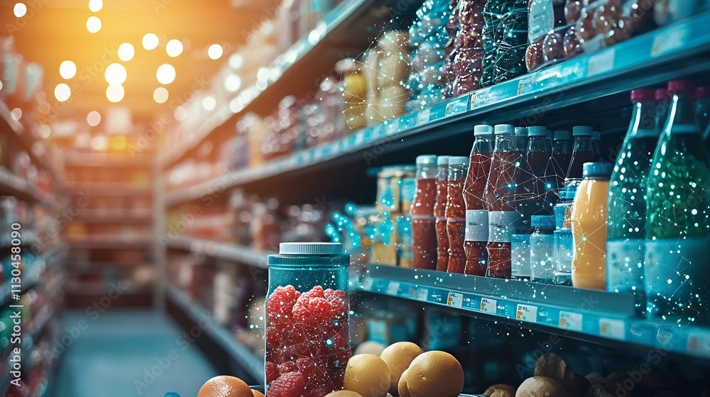 Poster glowing visuals of norovirus contamination networks and supply chain safety checks in a grocery stor