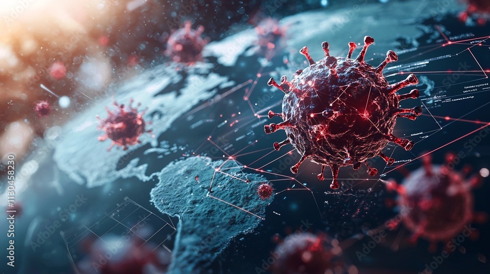Poster real time digital world map displaying norovirus outbreak clusters and network lines representing th