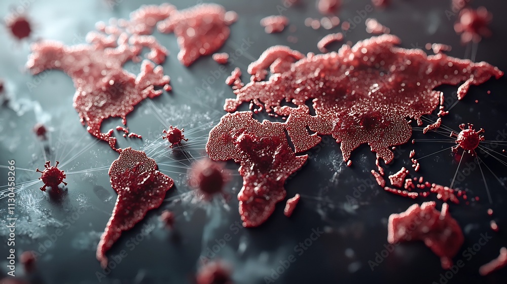 Poster digital world map displaying real time norovirus outbreak clusters and disease spread patterns