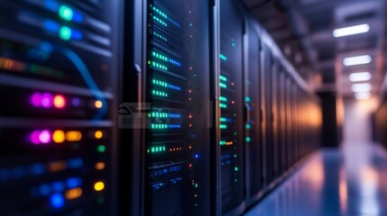 Naklejka premium Rows of server racks with illuminated components in a data center.