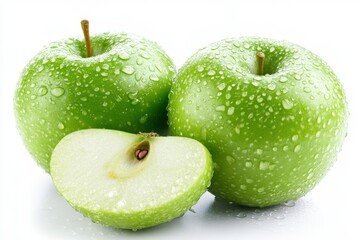 Fresh Green Apples with Dew Drops on White Background