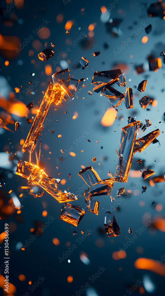 Poster shattered glass, abstract background of glowing fragments, dynamically exploding in a dark blue sett