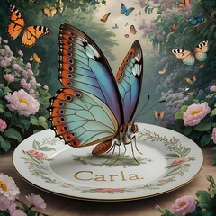 butterfly sitting on a plate in garden open wing illustration