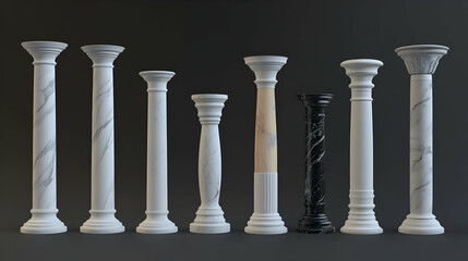 Collection of Elegant Marble Columns, Architectural Designs in Various Styles and Heights, Showcasing Craftsmanship and Classic Aesthetics
