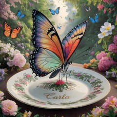 butterfly sitting on a plate in garden open wing illustration
