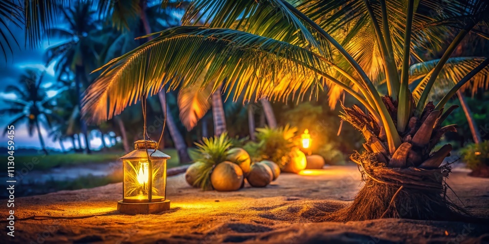 Poster vintage night view of a coconut tree with lanterns against a dark background emphasizing the serenit