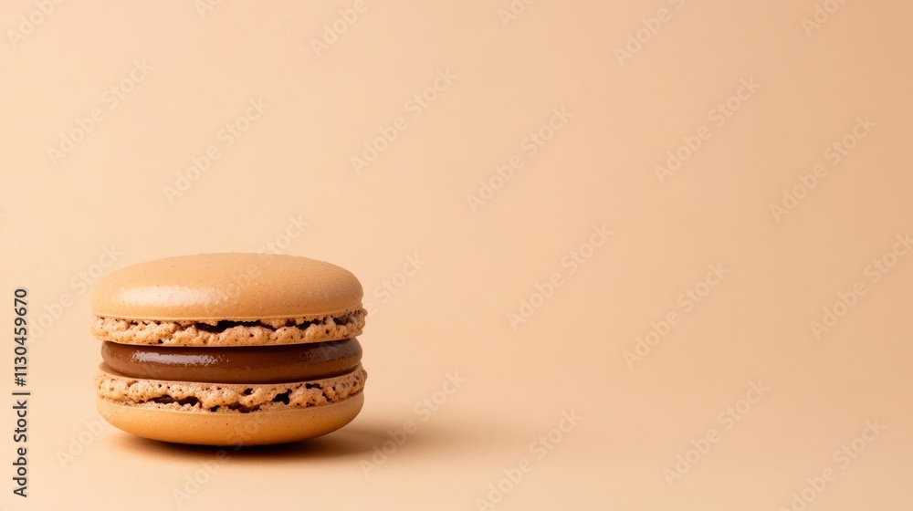 Poster isolated mocha mousse macaron with delicate chocolate details on a gradient creamy beige background 