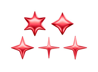 Fototapeta premium 3d Star Shapes Collection Red Shiny Glossy Metallic Icons Realistic Vector Illustrations Isolated On Transparent Background