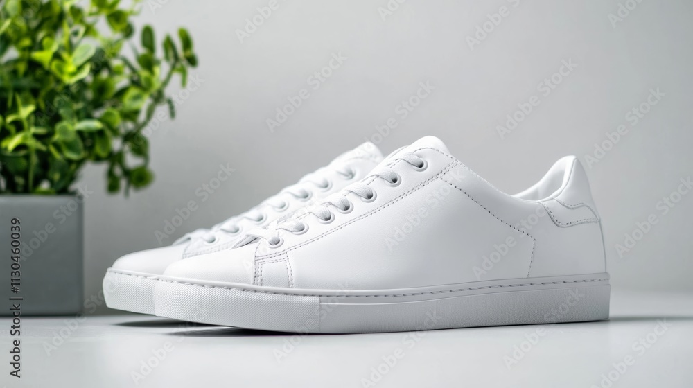 Poster monochromatic setup of white sneakers placed on a matte white background with subtle lighting for an