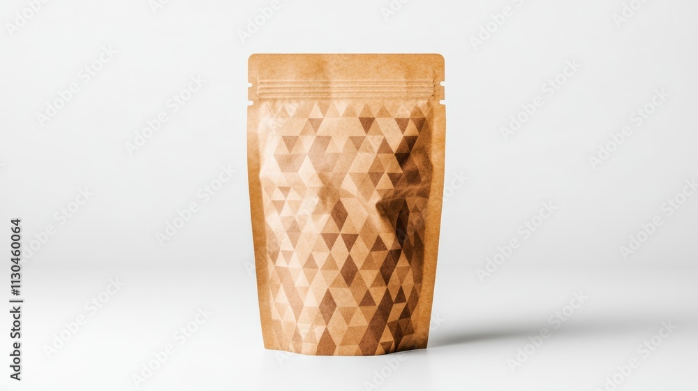 Poster recyclable paper pouch with a modern geometric pattern isolated on a white background highlighting e
