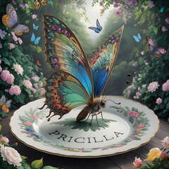 butterfly sitting on a plate in garden open wing illustration