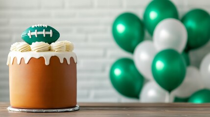A festive Super Bowl party setup with a football-shaped cake, themed balloons, and a cooler full of drinks on a wooden table 