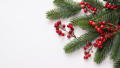 Christmas composition flatlay. Spruce branches, red berries on white background with space for text