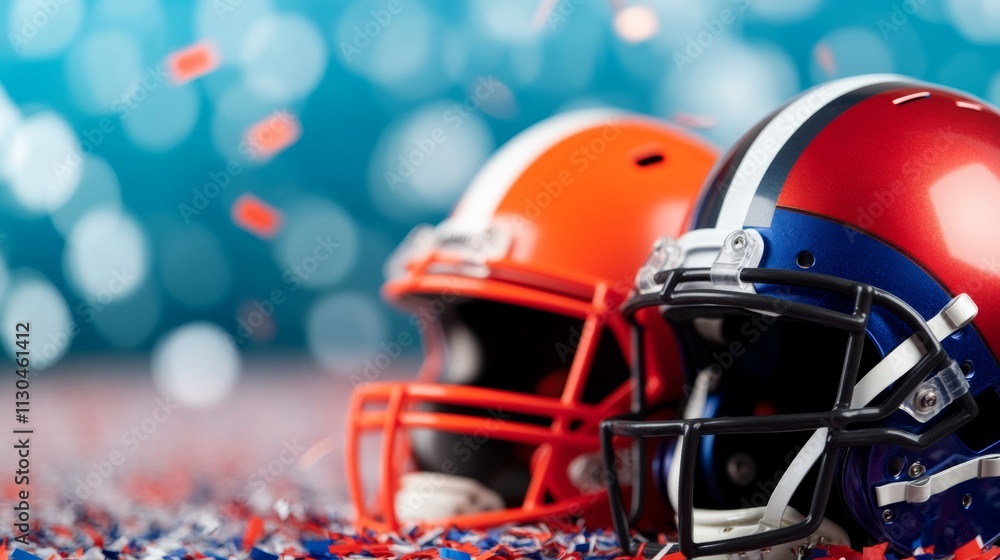 Aufkleber a pile of helmets from opposing super bowl teams stacked in the middle of the field with confetti fa