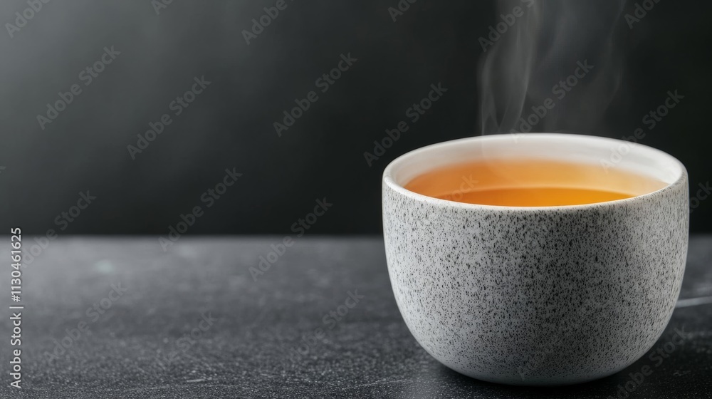 Poster a minimalist setup of a single steaming cup of tea placed on a black marble surface with visible con