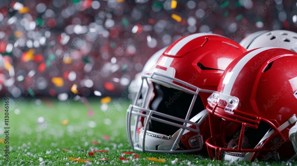 Aufkleber a pile of helmets from opposing super bowl teams stacked in the middle of the field with confetti fa