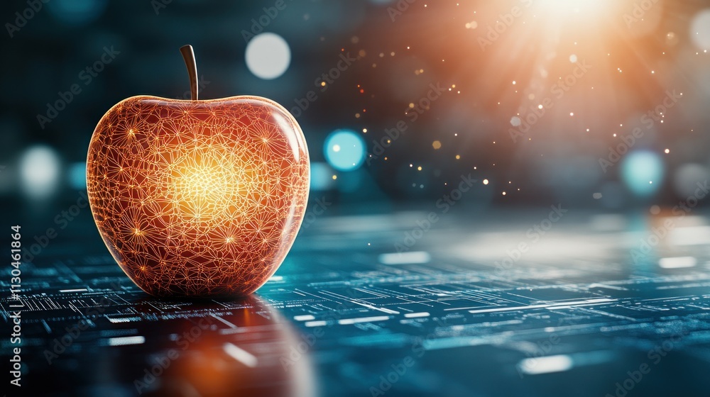 Poster glowing network apple on digital surface technology concept