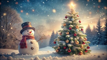 Fototapeta premium Vintage Style Photography of a Cheerful Snowperson Beside a Decorated Christmas Tree in a Snowy Winter Wonderland, Evoking Nostalgic Holiday Spirit and Warmth