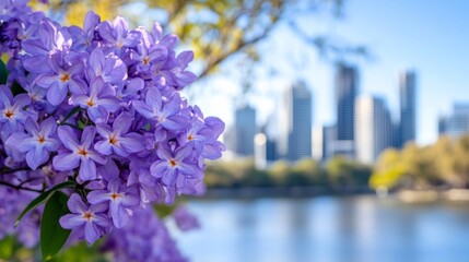 Obraz premium Brisbane's modern skyline rising over the calm Brisbane River, with jacaranda trees in full purple bloom along the riverbanks 