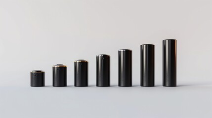 A line of AA rechargeable batteries standing upright in decreasing order of height on a solid white background.