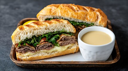 Indulge in a hearty artisanal sandwich paired with creamy sauce and fresh lemon on a rustic tray.