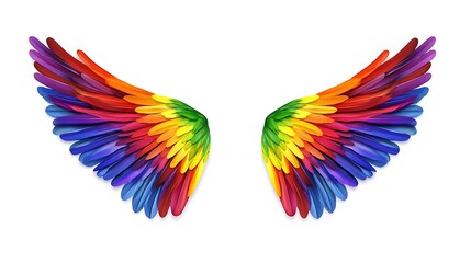 Fototapeta premium pair of colorful, rainbow-hued wings against white.