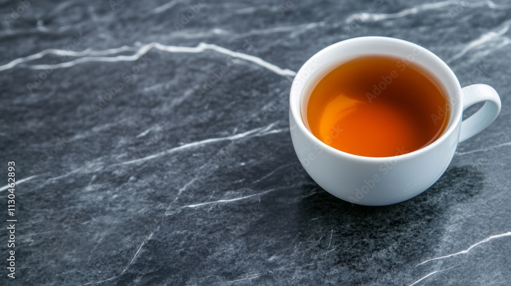 Poster a minimalist setup of a single steaming cup of tea placed on a black marble surface with visible con