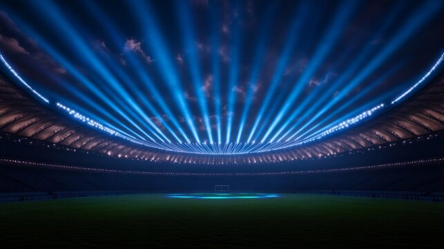 A glowing Super Bowl halftime light show with lasers and vibrant drones forming shapes in the sky above the stadium 