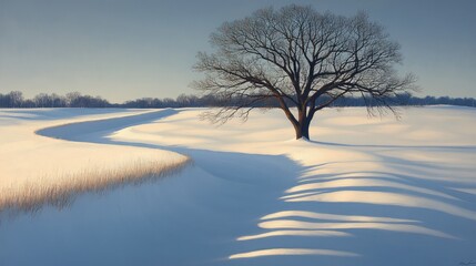 Solitary tree in snow-covered field at sunrise.