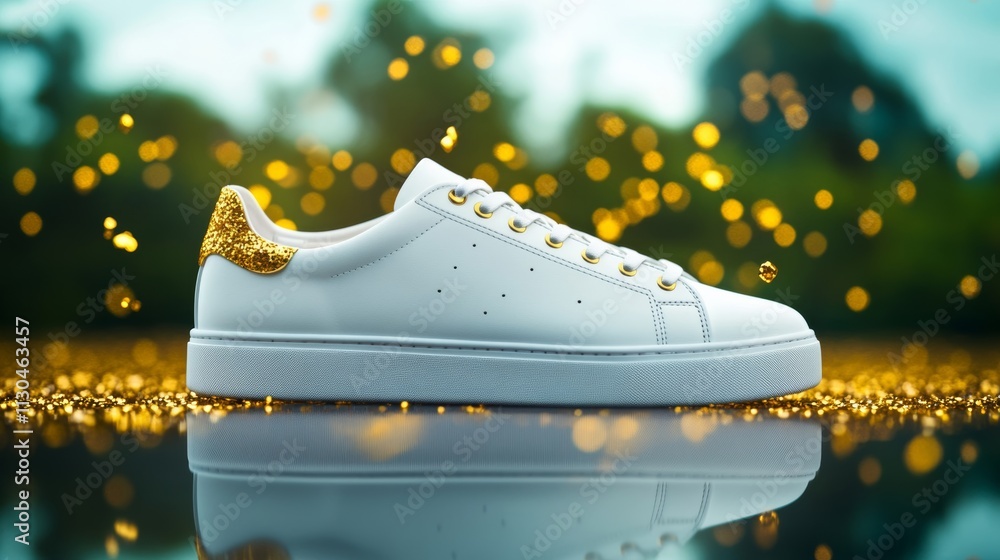 Poster pristine white sneakers displayed on a reflective surface with floating golden particles, emphasizin