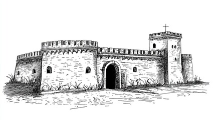 Timeless Fortress: A Hand-Drawn Illustration Capturing the Essence of an Ancient Bastion