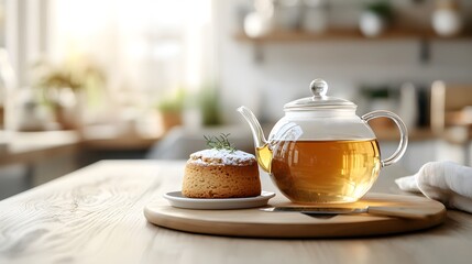 Fototapeta premium Enjoy a Moment of Tranquility with Freshly Brewed Tea and Artisanal Cake in a Cozy Setting. Coffee and Bakery, Bistro, Freshness Concept