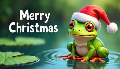 Cartoon Frog wearing a Santa hat with lily pad background and Merry Christmas text.